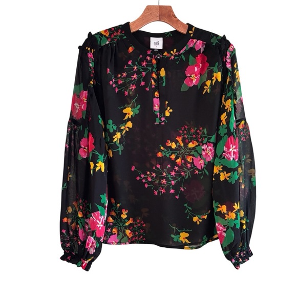 CABI #5706 Thespian Blouse Midnight Flowers Long Sleeves S Semi Sheer - Picture 3 of 9